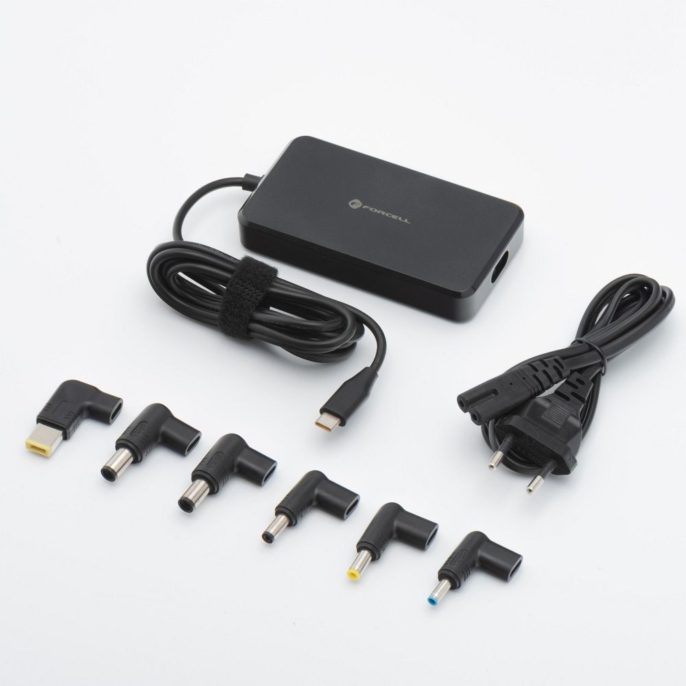 Forcell F-Energy E856 USB-C PD 90 W portatīvā datora lādētājs ar 6 uzgaļiem, melns