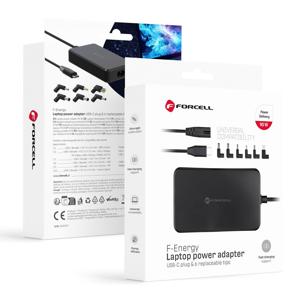 Forcell F-Energy E856 USB-C PD 90 W portatīvā datora lādētājs ar 6 uzgaļiem, melns