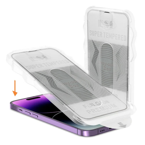 Aizsargstikls iPhone 13/13 PRO/14/16E/17E – Full Glue Easy-Stick Box, melns — attēls 2