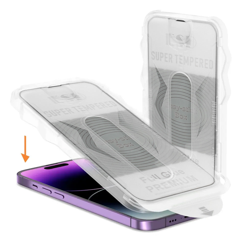 Aizsargstikls iPhone 16/15 – Full Glue Easy-Stick Box, melns — attēls 2