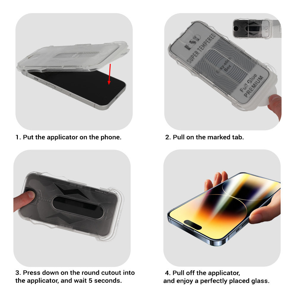 Aizsargstikls iPhone 16 PRO MAX – Full Glue Easy-Stick Box, melns — attēls 4