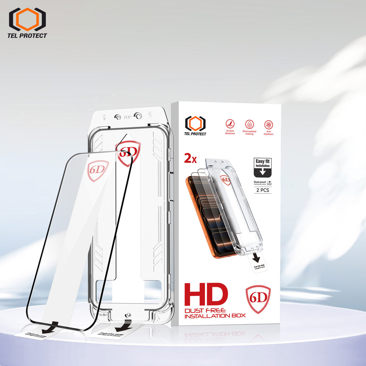 Tel Protect Dust-Free Easy Fit Full Glue 6D aizsargstikls iPhone 13/13 Pro/16E/17E, melns, 2 gab.