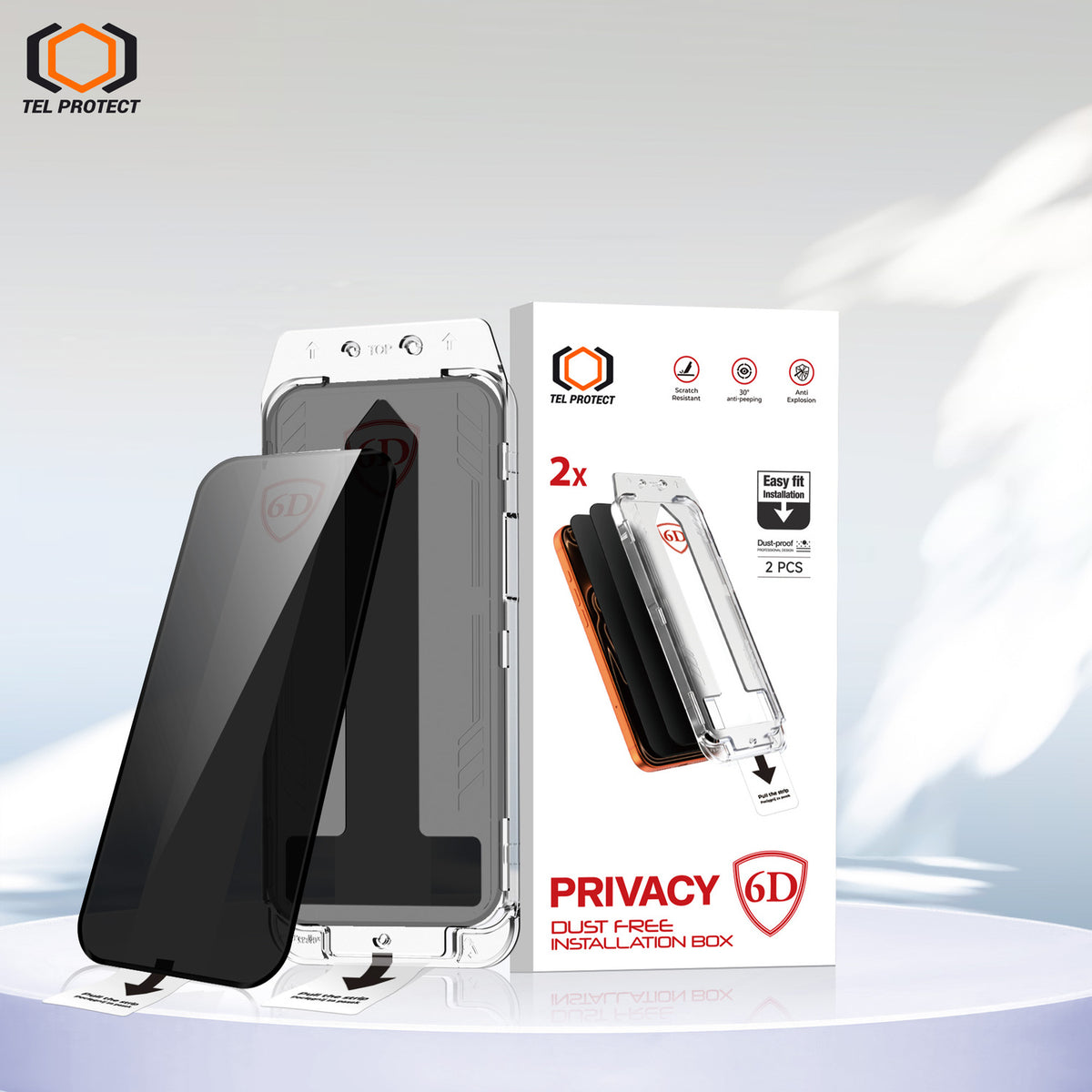 Tel Protect Dust-Free Easy Fit Privacy Full Glue 6D aizsargstikls iPhone 13/13 Pro/16E/17E, melns, 2 gab.