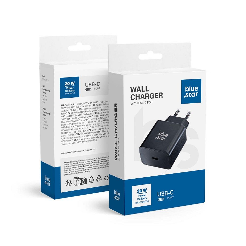 Blue Star TFB-TC-20WPD USB-C 20 W PD/QC4.0 sienas lādētājs, melns