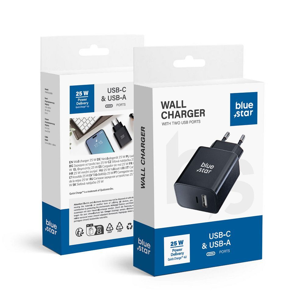 Blue Star TFB-TC-25WPD lādētājs, USB-C un USB-A, PD / QC 4.0, 25 W, melns