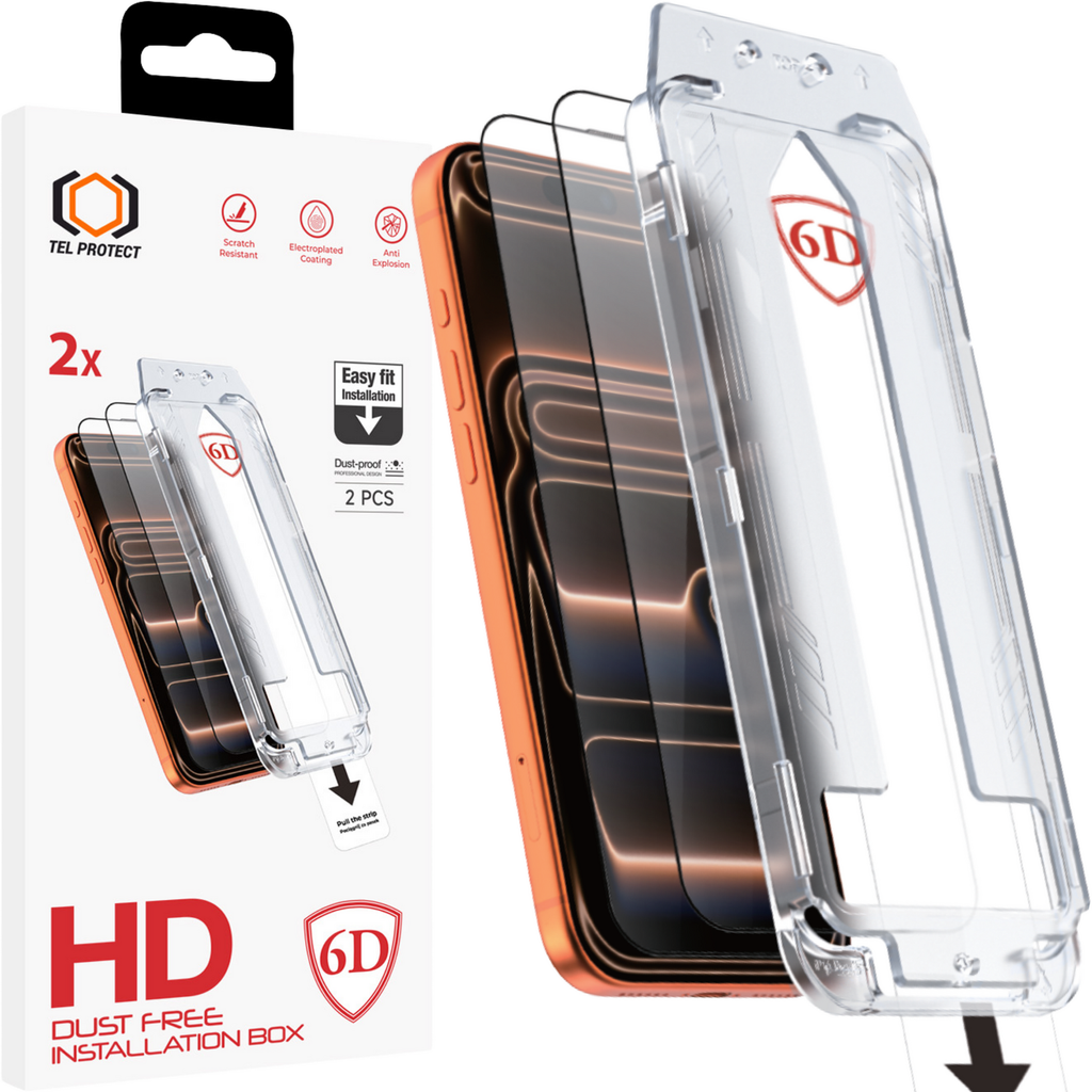 Tel Protect Dust-Free Easy Fit Full Glue 6D aizsargstikls iPhone 17 Pro/18 Pro, melns, 2 gab.