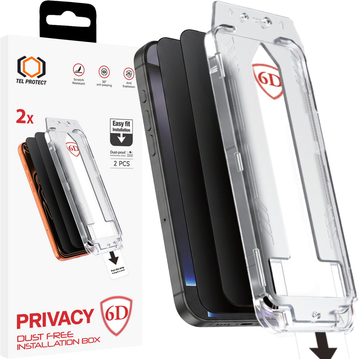 Tel Protect Dust-Free Easy Fit Privacy Full Glue 6D aizsargstikls iPhone 13/13 Pro/16E/17E, melns, 2 gab.