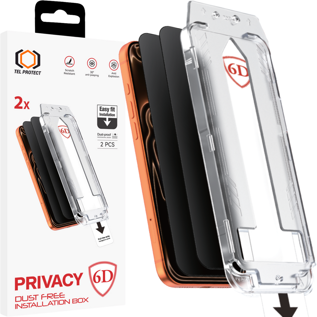 Tel Protect Dust-Free Easy Fit Privacy Full Glue 6D aizsargstikls iPhone 18 Pro, melns, 2 gab.