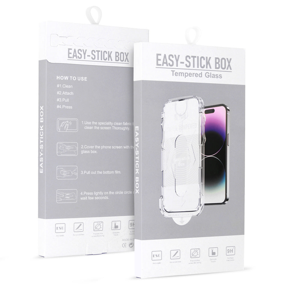 Aizsargstikls iPhone 13/13 PRO/14/16E/17E – Full Glue Easy-Stick Box, melns