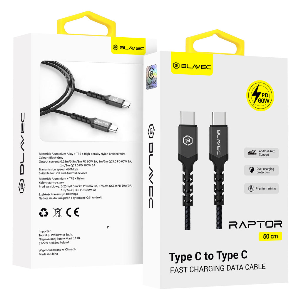 Kabelis Blavec Cable Raptor braided - Type C to Type C - PD 60W 3A 3 metres Apple CarPlay/Android Auto (CRA-CC3BG30) black-grey