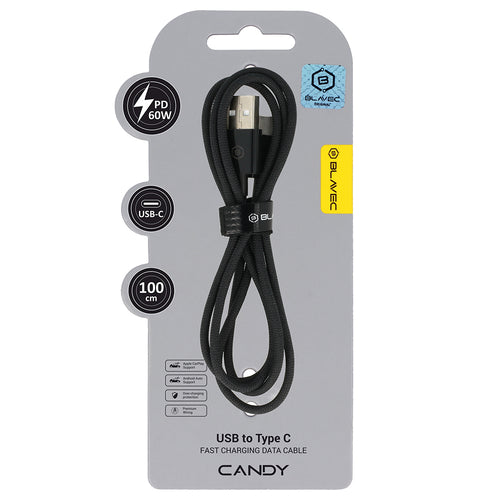 Blavec Candy USB-A–USB-C pīts kabelis, 3 A, 1 m, melns